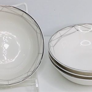 4 Soup Bowls 5.5” Joseph Sedgh Collection Porcelain White Silver Trim Rimmed